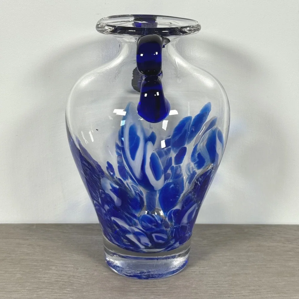 Vintage Italian Art Glass Vase Blue White Pulled Decoration Cobalt Handles 7.5
